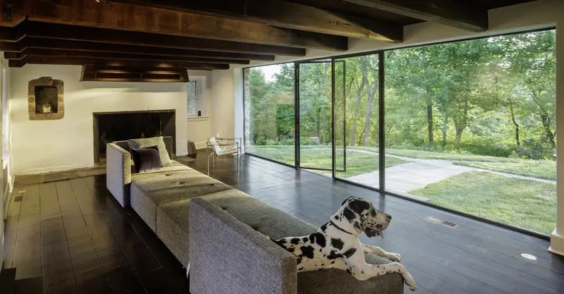 Floor-to-ceiling Panda® steel glass wall across a farmhouse living room looking onto trees