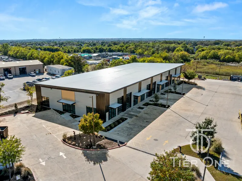 Aerial view of the finished flex building and parking