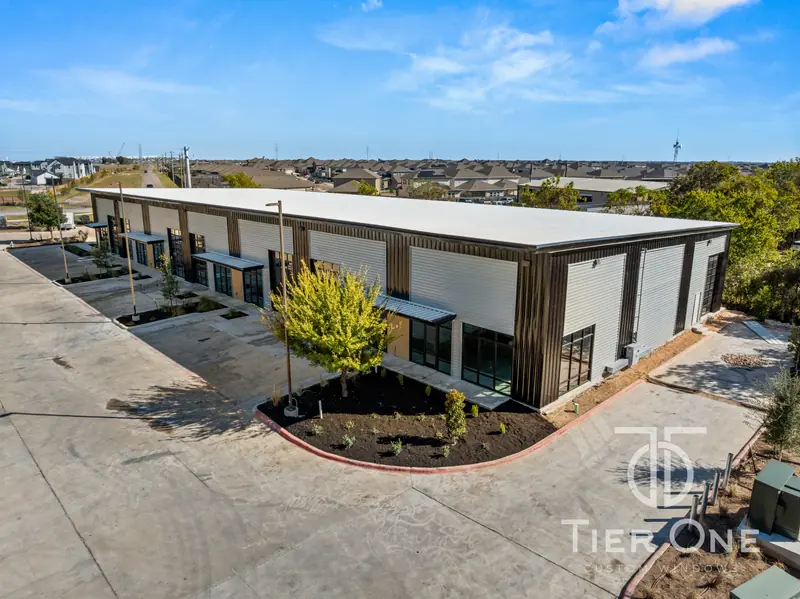 Aerial view along the storefront side of the building