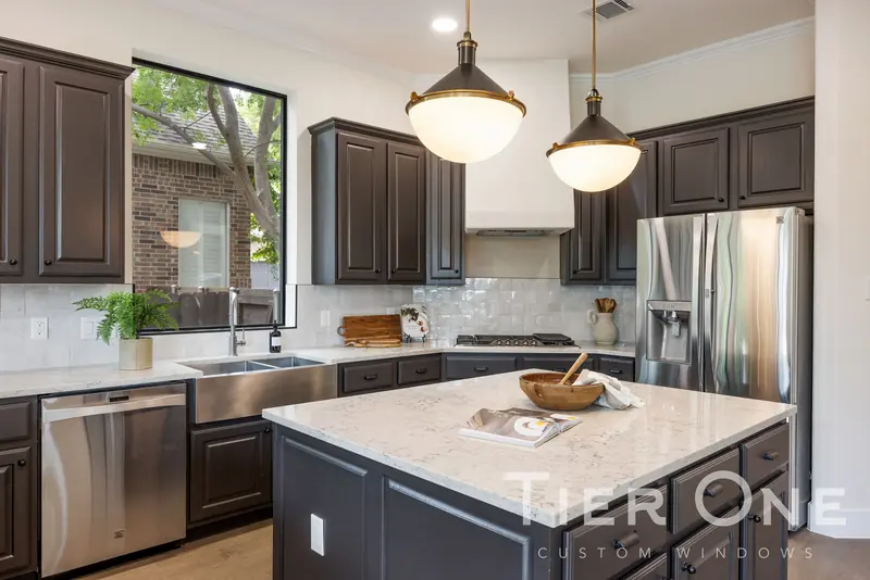 Black-framed window over the kitchen sink
